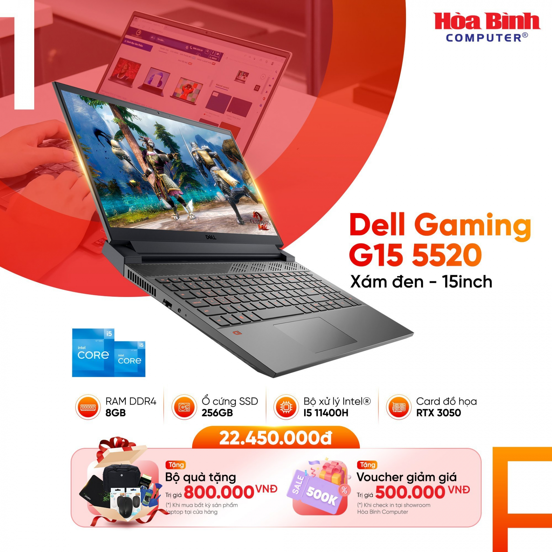 Laptop Dell Gaming G15 5520 [New Full Box 100%] ( core i5-11400H/8GB/256GB/15inch/RTX 3050 )
