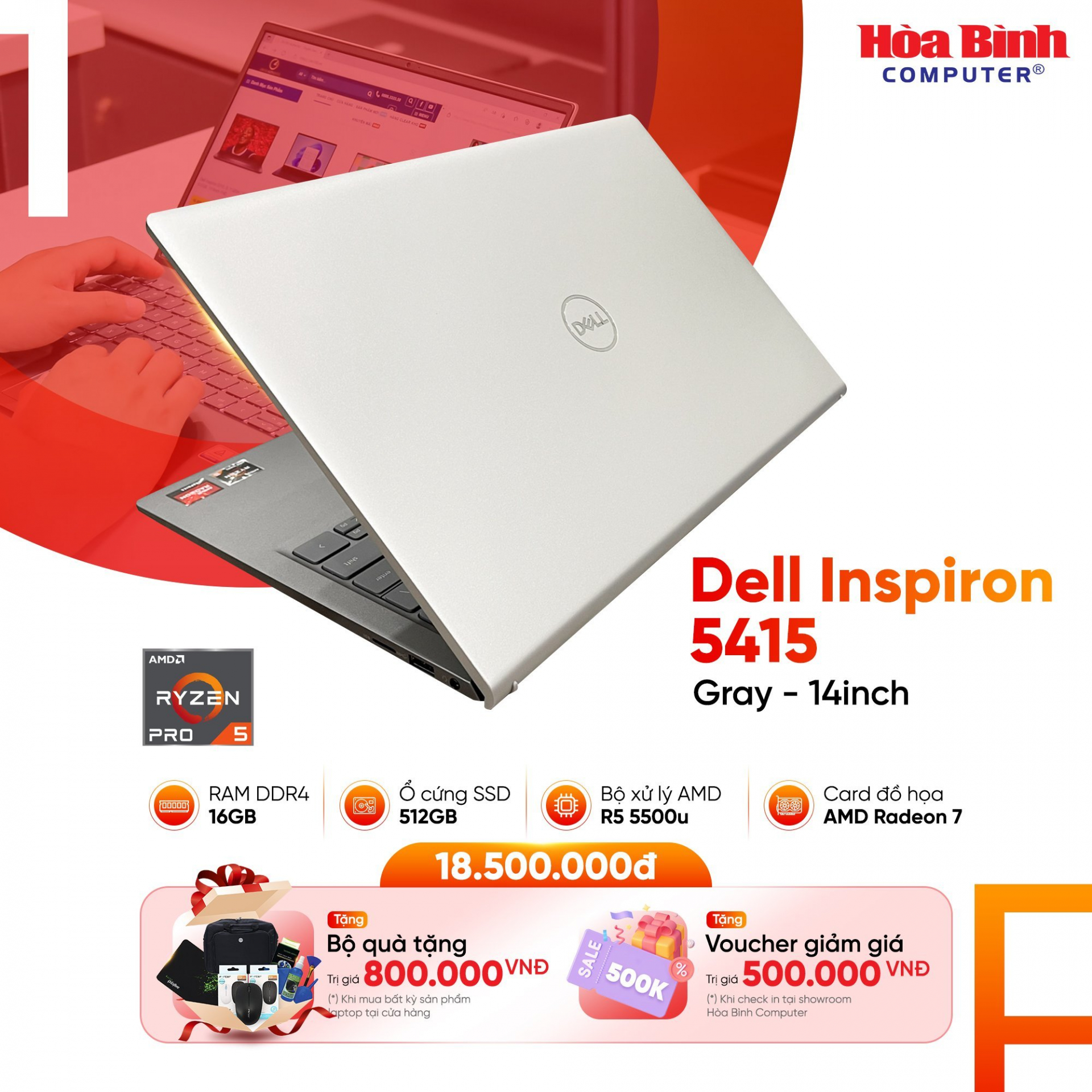 Laptop Dell Inspirion 5415 [New Full Box 100%] (AMD r5 5500u/ 16GB/ 512GB/ 14inch/ AMD Radeon 7)